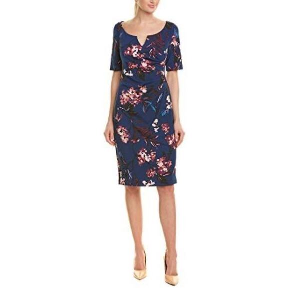 Adrianna Papell NWT blue floral short sleeve dress wedding guest office ruched - Picture 2 of 9